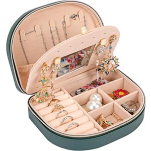 Fixwal Travel Jewelry Box, Small Jewelry Organizer PU Leather with Mirror for Earring Necklace Bracelet Ring Holder Box for Women Girl (Emerald)