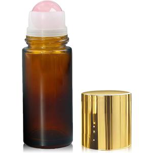 PrettyCare Rose Quartz Roller Bottle for Castor Oil 50ml Refillable Amber Glass Roll On Bottle with Natural Rose Quartz Roller Ball, Leak-Proof Roller Ball Applicator for Essential Oils, Perfume