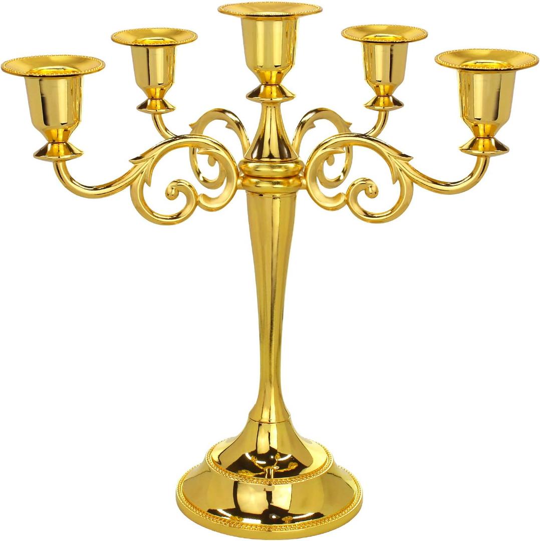 Metal Candelabra 5-Candle 10.1 Inch Tall Candle Holder Stick for Home Wedding Event and Party Festival,Gold (Gold-regular Style)
