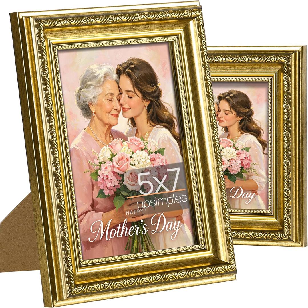 upsimples 5x7 Picture Frame with Real Glass, Ornate Vintage 5 x 7 Photo Frames for Wall Decor or Tabletop Display, Gold, 2 Pack