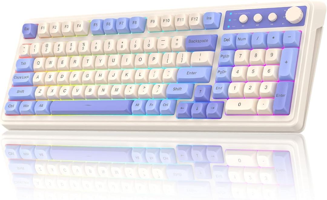 AULA 99 Key Keyboard, Tri-Mode Bluetooth/2.4GHz/USB-C Cute Creamy Gaming Keyboard with Number Pad RGB Backlit, Media Knob Custom Mechanical Feel Computer Keyboards for MAC Xbox PC Gamer - Purple (Purple-Beige)