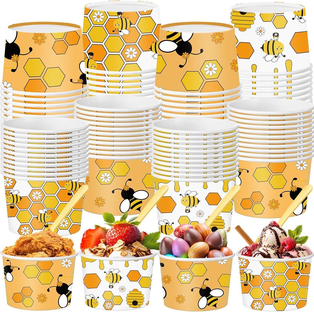 Teenyyou 48 Pcs 9 oz Bee Treat Snack Cups with Spoons Summer Ice Cream Bowls Yellow Treat Snack Dessert Cups Paper Soup Bowls for Hot or Cold Food Party Favor Supplies