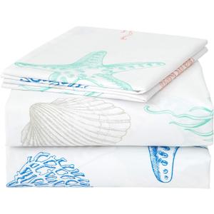JSD Beach Theme Kids Printed Sheet Set Full, 4 Piece Starfish Jellyfish Coastal Summer Microfiber Bed Sheets Deep Pocket