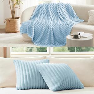Bedsure Sea Blue Fleece Blanket & Throw Pillow Covers Sea Blue