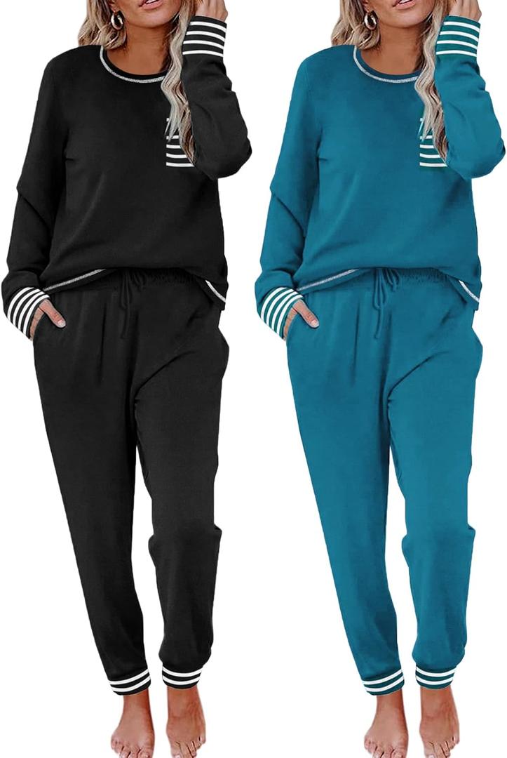 Ekouaer 2 Pack Womens Pajama Sets Long Sleeve Lounge Sets Soft Pj Sleepwear Loungewear (Large, Black/Blue Green)