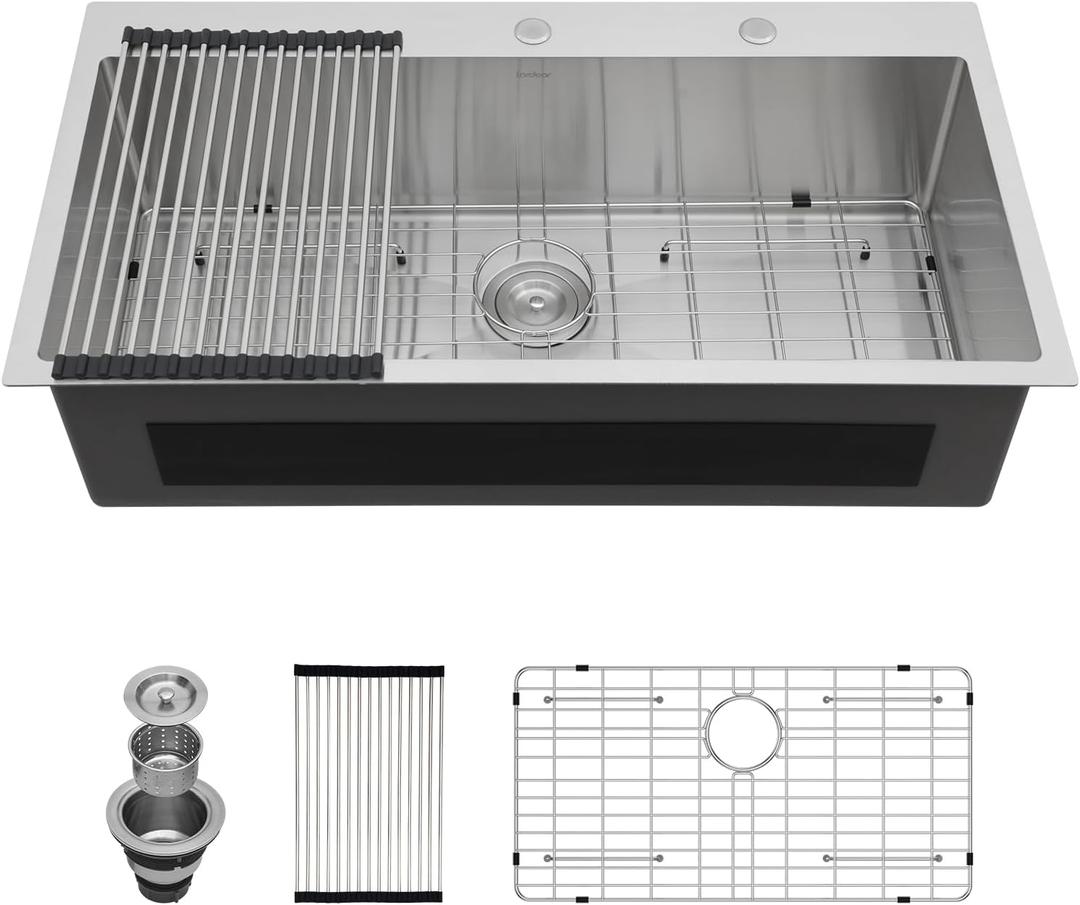 Lordear 36 Drop in Kitchen Sink - 36 x 19 Inch Topmount Kitchen Sink 16 Gauge Stainless Steel Single Bowl Deep Handmade Overmount Kitchen Sink with Drain Strainer