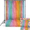 Colorful Wood Easter Backdrop Banner Pastel Rustic Texture Wooden Photoshoot Background Easter Colorful Wood Wall Party Decoration Banner Photo Props (5x7FT(59 x 82 inch))