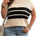 WDIRARA Women's Plus Size Striped Print Cap Sleeve Sweater Top Round Neck Loose Fit Casual Tops (XL)