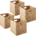 Casafield 10.5" x 10.5" Water Hyacinth Storage Baskets, Natural - Set of 4 Collapsible Cube Organizers, Woven Bins for Bathroom, Bedroom, Laundry, Pantry, Shelves