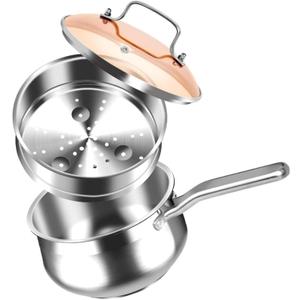 WANGYUANJI 2.5 Quart Stainless Steel Saucepan with Steamer Basket - 2-in-1 Multipurpose Steamer Pot for Cooking, Veggies & Pasta - Tri-Ply Bottom Induction Sauce Pan with Glass Lid, Silver