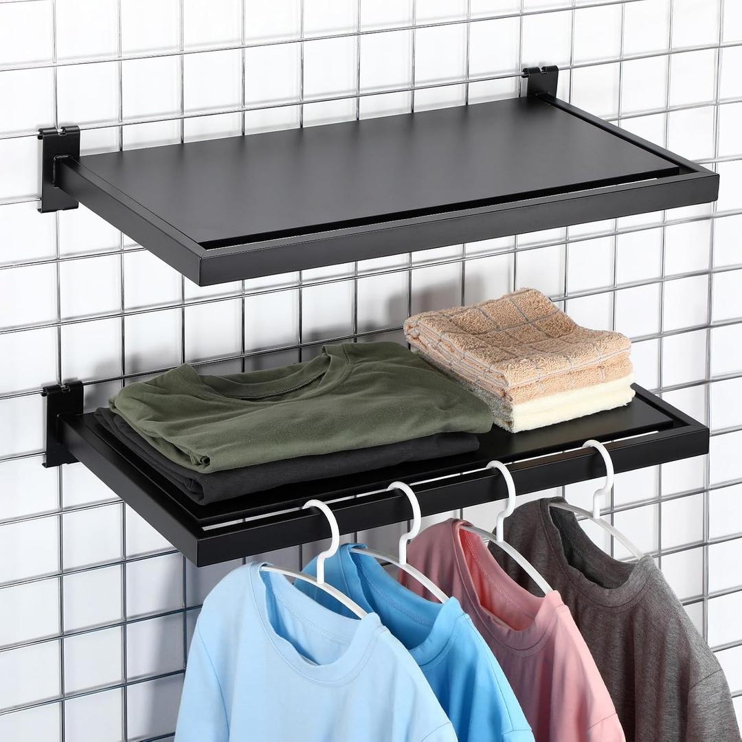 Blulu 2 Pack Gridwall Shelf, 23.6x11.8 Inch Wooden Wall Shelves with Metal Rectangular Tubing U Shaped Hanger Gridwall Shelving Organizer Accessories for Home Retail Display(Black)