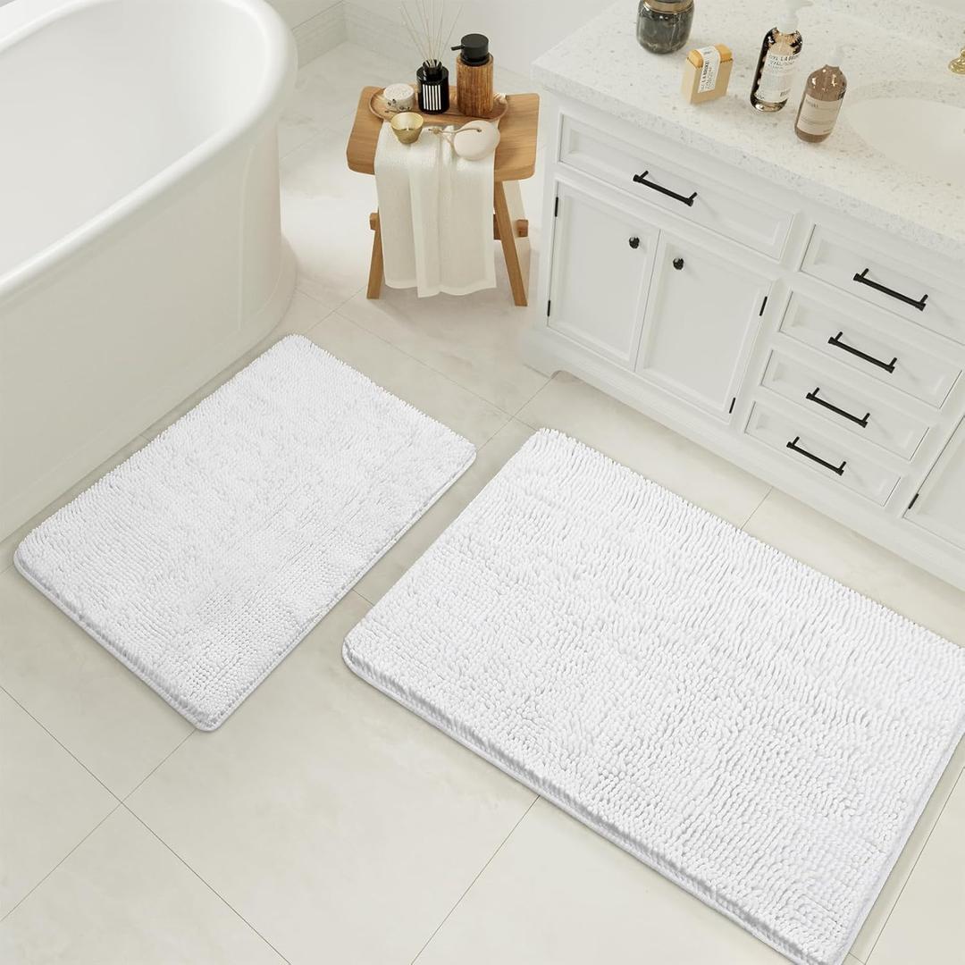Bathroom Rugs Sets 2 Piece, 17 x 24 Plus 20 x 32 Inches Thick Non Slip Bath Rug Set, Absorbent Soft Chenille Bath Rug, Machine Washable Quick Dry Bath Mat for Bathroom Floor, White
