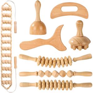 Wood Therapy Tools for Body Shaping,8 in 1 Wood Therapy Massage Tools,Wooden Gua Sha Tools,Lymphatic Drainage Massager,Maderoterapia kit,Wooden Massager Roller Rope for Body Shaping, Beige