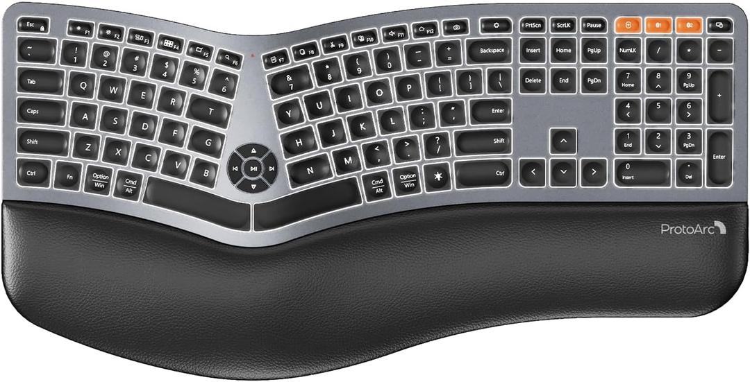 ProtoArc Backlit Bluetooth Ergonomic Keyboard, EK01 Plus Full Size Wireless Split Keyboard with Dual Bluetooth and USB, Cushioned Wrist Rest, Rechargeable, Compatible with Windows/Mac/Android, Grey