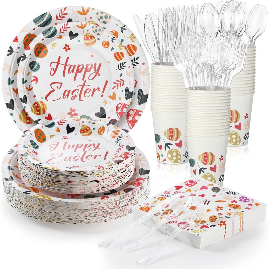 FoldTier 350 Pcs Easter Plates and Napkins Set Include 100 Egg Paper Plates 50 Cups 50 Napkins 50 Sets Cutlery Easter Party Supplies Disposable Tableware for Table Decoration, Serve 50 Guests