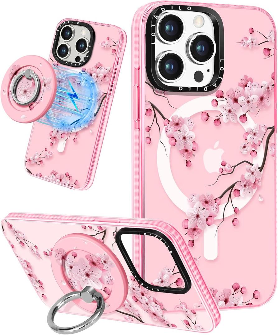 for iPhone 15 Pro Max Case for Women - Cute Kawaii Design Girls Compatible with Magsafe Magnetic Ring Holder Stand Peach Blossom Phone Covers Aesthetic Girly TPU Funda for 15 Pro Max