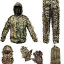 Ghillie Suit Camouflage Hunting Suits Outdoor 3D Leaf Lifelike Camo Clothing Lightweight Breathable Hooded Apparel (Fit tall 4.9-5.9ft, Dark Green)