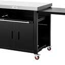 Outdoor Kitchen Island with Cabinet, Outdoor Grill Table with Stainless Steel Top for Pizza Oven& Griddles, Movable Bar Cart with Pull-Out Plate for Parties& Gathering, Heavy-Duty, L74x W24