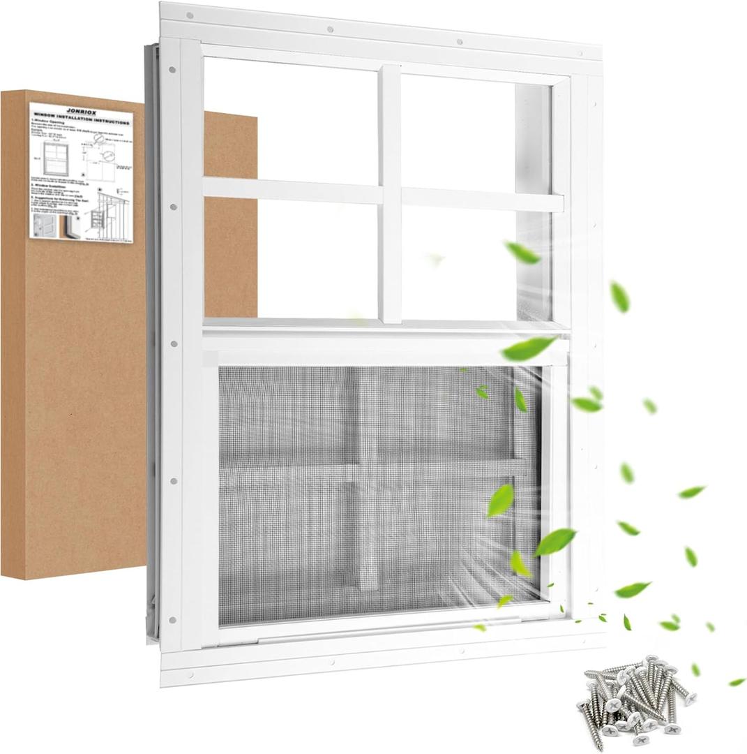 16" W x 16" H Shed Window,Sliding Window, Aluminum White Flush Mount with Tempered Glass and Stainless Steel Screen, Playhouse Window, Chicken Coop Window, Household Window.(White 1 Pack)