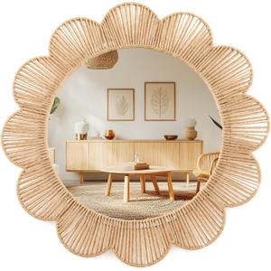 Sintuff Boho Scalloped Wall Mirror Decorative Flower Round Wavy Mirror with Frame Rustic Farmhouse Rattan Wicker Natural Wall Decor for Bathroom Bedroom Office (Jute,24 Inch,Scalloped)