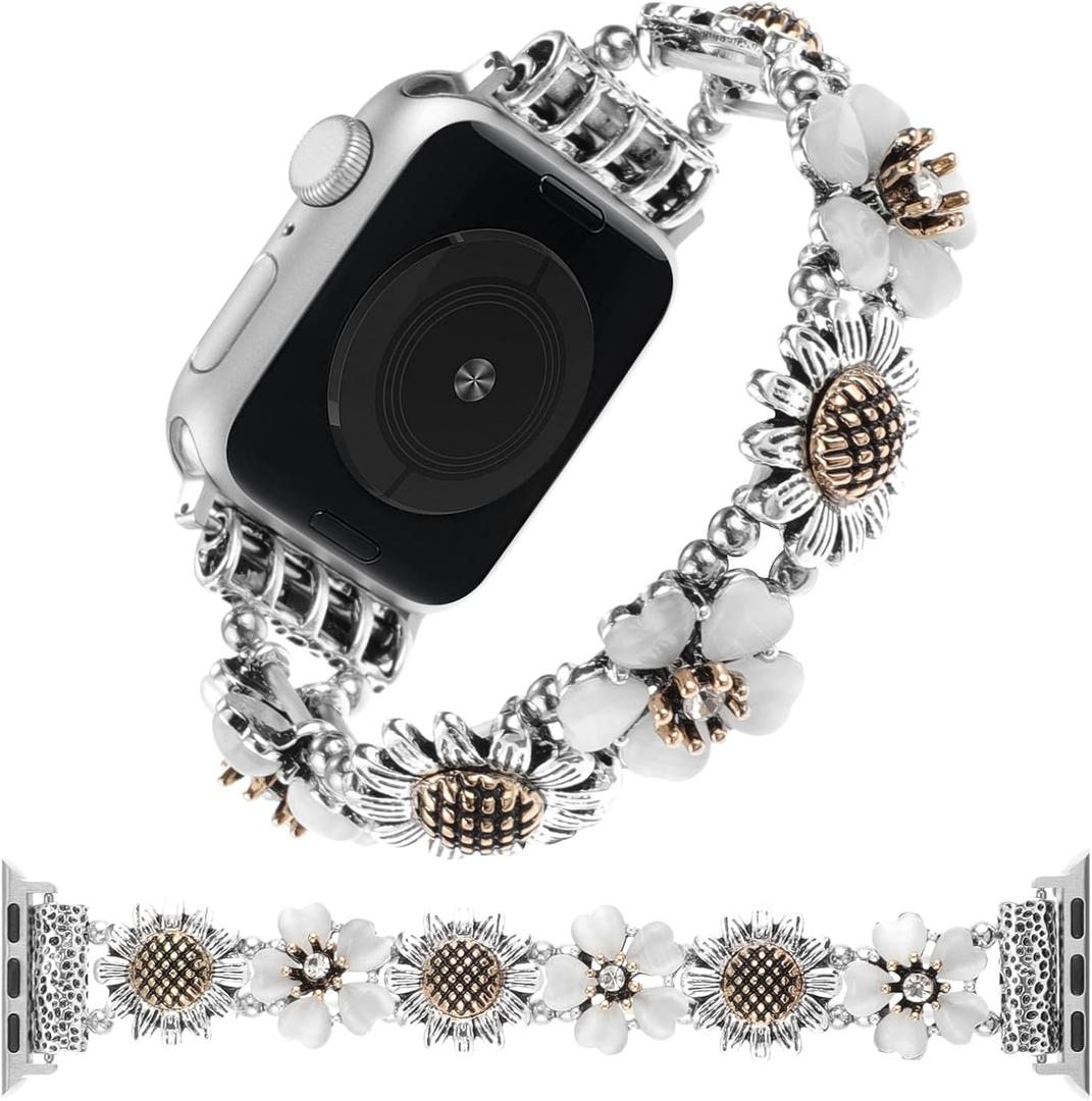 Stretchy Metal Bracelet Bands Compatible with Apple Watch Band 38mm 40mm 41mm 42mm 44mm 45mm 49mm,Women Fancy Elastic Sunflower Heart Dressy Stainless Wristband for iWatch Series 9 8 7 6 5 4 3 2 SE