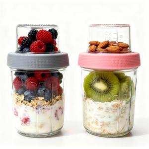 Overnight Oats Containers with Lids Breakfast Prep CupDual-Layer Pudding JarPortable Salad ContainerSnack Storage Jar (Gray/Pink, 10oz+2oz, 2Pcs)