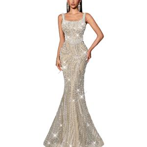 Women's Square Neck Sequin Beaded Mermaid Formal Evening Dress Spaghetti Strap Bodycon Prom Party Cocktail Maxi Gown (Medium, #1 Beige)