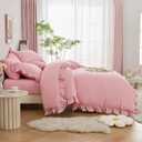 Horbaunal 5 Pcs Pink Ruffle Duvet Cover Queen Size Soft Microfiber Shabby Chic Ruffled Duvet Cover Set, Vintage French Country Ruffle Bedding Set with Zipper Closure & Corner Ties, 90" x 90"