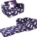 MeMoreCool Kids Folding Couch – Purple Unicorn Toddler Chair, Fold-Out 2-in-1 Sofa Bed Comfy Foam Seating, Washable Cover, Armrests & Side Pocket for Playroom or Nursery Ages 1–3