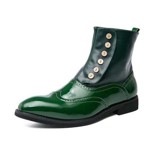 QWUIEOIN Mens Patent Leather High-Top Pull On Brogue Ankle Boots Pointed Toe Chunky Heels Non-Slip Casual Shoes for Business Casual Dress Prom Party (12,Green)
