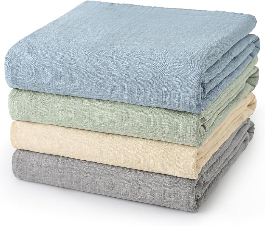 david's kids 4 Pack Baby Muslin Swaddle Blankets 47" x 47", 100% Cotton Swaddle Wrap for Boys Girls, Ultra Soft Breathable Receiving Blanket for Newborns, Dusty Blue & Sage Green & White Cap & Grey