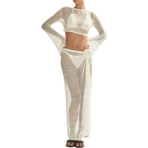 Women's Swimsuits Cover Ups Set for Crochet Bathing Suit Hollow Out 2 Piece Bikini Coverup Beach Swimwear (White)