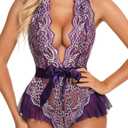 RSLOVE Women Teddy Lingerie Lace Bodysuit One Piece Halter Deep V Babydoll Underwear (X-Large, Purple)