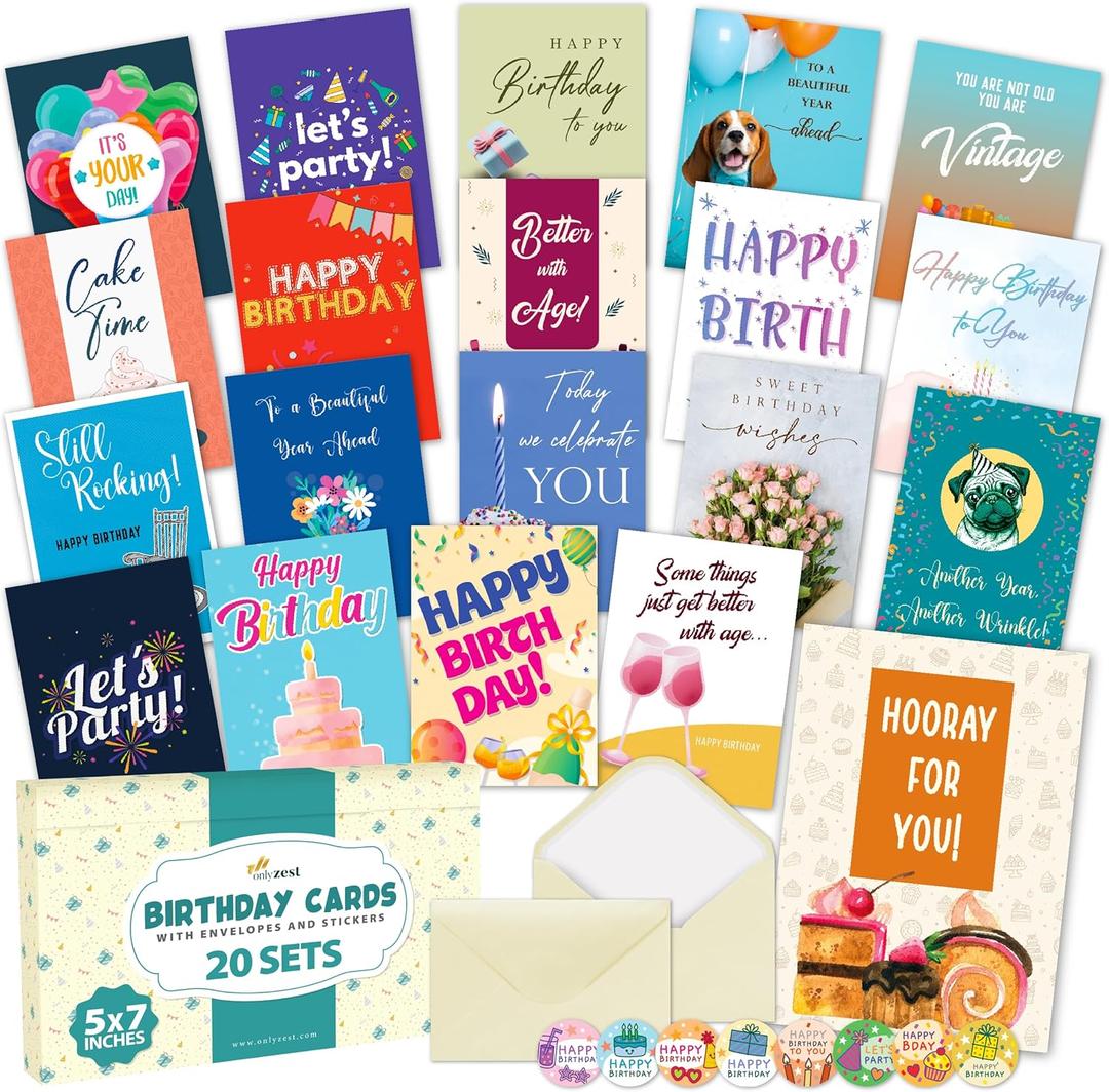 20 Pack Assorted Happy Birthday Cards Bulk Boxed Set - Thick 5x7 Inch Card Assortment with Envelopes & Stickers, Unique Message Inside for Women, Kids, Friends, Office, Work, Family