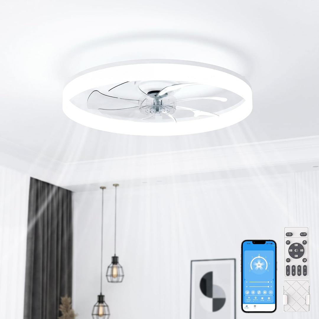 VOLISUN Low Profile Ceiling Fans with Lights and Remote, 24in Fandelier Ceiling Fan with Light, 3000K-6500K Dimmable Bladeless LED Fan Light, White Flush Mount Ceiling Fans with Lights for Bedroom