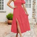 ZESICA Women's Boho One Shoulder Midi Dresses 2026 Summer Short Sleeve Smocked Split Ruffle Flowy Beach Vacation Dress (L)