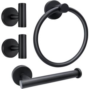Matte Black Bathroom Hardware Set - Stainless Steel Wall-Mounted Toilet Paper Holder, Towel Ring & 2 Handy Hooks for Modern Bathroom Accessories | Rust-Resistant Towel Hook Set with Easy Installation