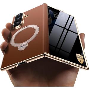 for Galaxy Z Fold 7 Case Luxury Leather with Privacy Screen Protector [Hinge Protection],Fit for Magsafe,Magnetic Kickstand & Ring Holder for Samsung Zfold 7 Case Brown