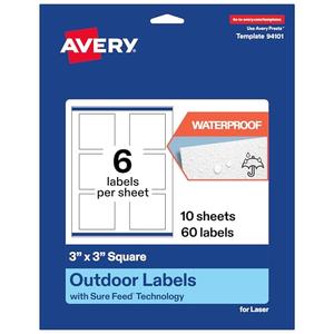 Avery Outdoor Waterproof Square Labels with Sure Feed Technology, 3" x 3", White Film, Print-to-The-Edge, Compatible with Laser Printers, 60 Labels Total
