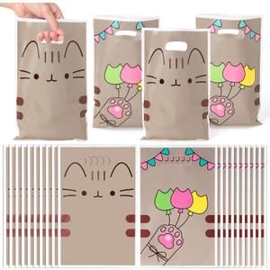 GaofanWai Cat Party Favor Bags - 50PCS Cute Animal Kitten Candy Gift Plastic Bags Bulk with Handles for Kids, Happy Birthday Grey Cartoon Cat Goodies Bag Party Supplies for Pet and Animal Lovers