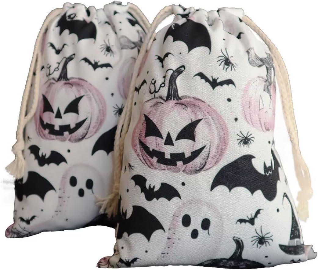 Halloween Bag 2 Pieces Printed Storage Drawstring Canvas Bag Halloween Theme Pumpkin (Pink)