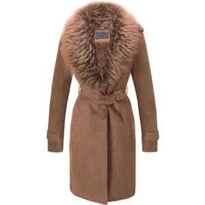 Bellivera Women Faux Leather Trench Coat Fleece-Lined Mid-length Jacket with Detachable Fur Collar (Large, Brown)