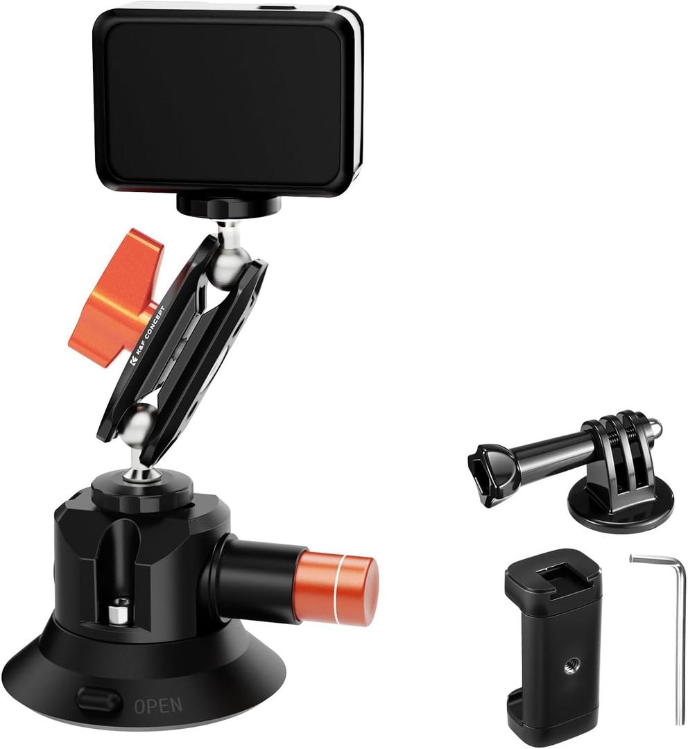 K&F CONCEPT 3" Suction Cup Mount with 360 Double Ball Head Magic Arm, 1/4" Screw Threads, Quick Release Car Mount Compatible with DJI Insta360 for Action Camera Phone Video