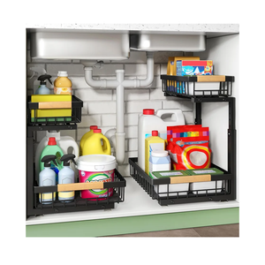 Kitstorack Under Sink Organizer, 2 Tier Under the Sink Storage, Slide out Pull out Cabinet Organizer Shelf, Metal Sliding Drawer for Kitchen Bathroom Pantry Closet Organization Rack, Black, 1 Pack
