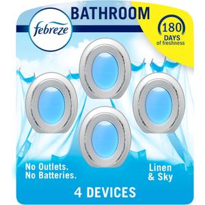 Febreze Bathroom Air Freshener, Odor-Fighting, Plug In Alternative, Air Fresheners for Home and Bathroom and Kitchen, Closet Air Fresheners, Linen & Sky Scent, 4 Count