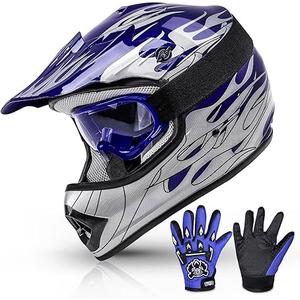 TCMT Dot Youth & Kids Motocross Offroad Street Blue Flame Motorcycle Youth Helmet Dirt Bike Motocross ATV Helmet+Goggles+Gloves S