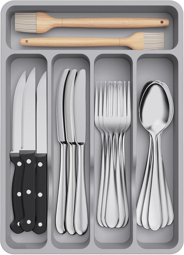 Lifewit Silverware Drawer Organizer Tray, Plastic Cutlery Storage for Kitchen Drawer, Flatware and Utensil Holder Divider for Spoons Forks Knives Tableware, 5 Compartment, Gray (9.1*12.6*1.6 inch (5 Slots))