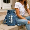 Denim Drawstring Backpack with Coin pouch, Large Money Dollar Sign Bucket Rucksack, Lightweight Sport Bags (Light Blue)