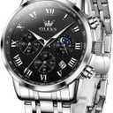 OLEVS Mens Stainless Steel Chronograph Watch, Big Face Roman Numerals Date Analog Quartz Dress Watches for Men, Fashion Multifunctional Waterproof Luminous Hands Men's Wristwatch (01 Black Dial/Silver Bracelet)
