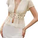 WDIRARA Women's Shell Deep V Neck Blouse Sexy Split Front Short Sleeve Sheer Tops, Medium